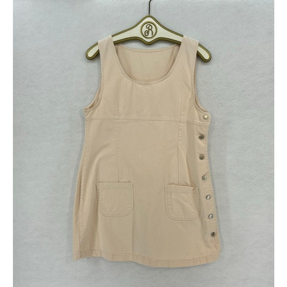 90s Vintage Sleeveless Mini Dress MEDIUM Peach Beige Denim‎ Casual A-Line Retro - Picture 2 of 9
